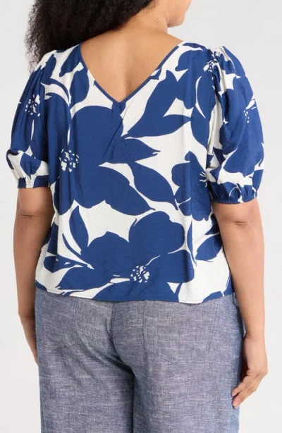 Renee C Floral Puff Sleeve Stretch Cotton Top In Blue