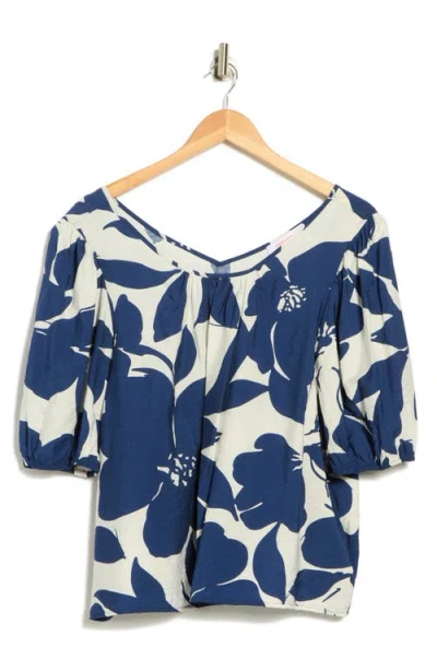 Renee C Floral Puff Sleeve Stretch Cotton Top In Blue