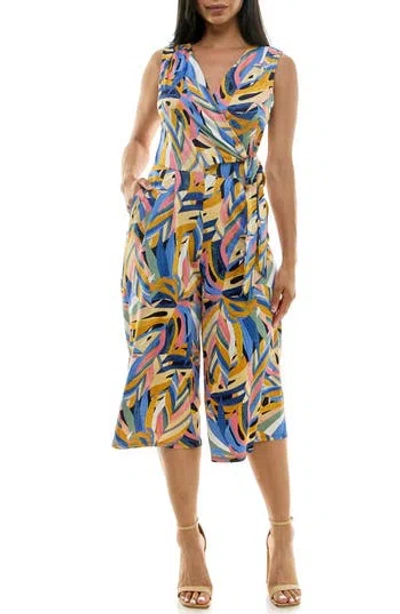 Nina Leonard Surplice Culotte Crop Jumpsuit In Multi