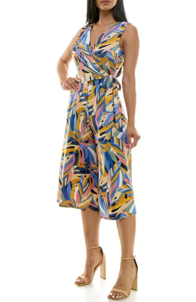 Nina Leonard Surplice Culotte Crop Jumpsuit In Multi