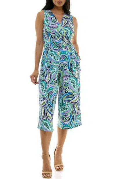 Nina Leonard Surplice Culotte Crop Jumpsuit In Multi