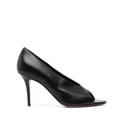 Amina Muaddi Black Calf Leather Bos Taurus Stiletto Heel Sandals In Black