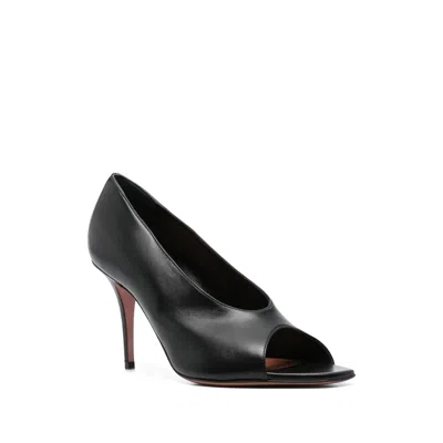 Amina Muaddi Black Calf Leather Bos Taurus Stiletto Heel Sandals In Black