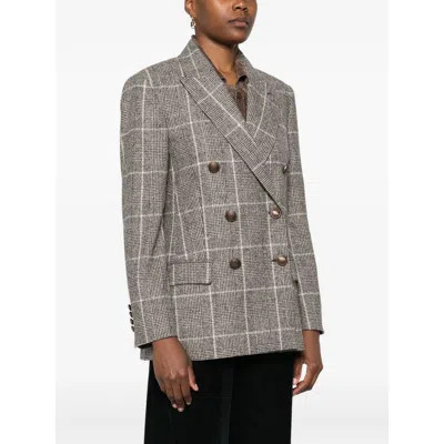 Brunello Cucinelli Alpaca And Wool Prince Of Wales Double-breasted Blazer With Monili In Brown