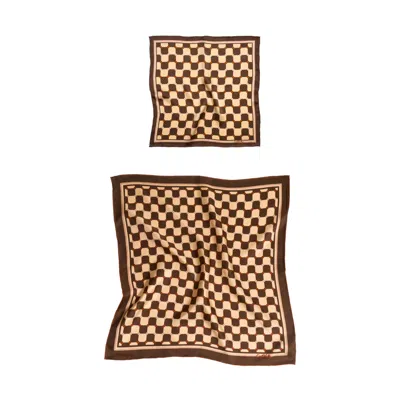 Lost Pattern Nyc Men's Neutrals / Gold / Brown Checkerboard Silk Pocket Square & Silk Bandana Scarf Set - Coffee In Multi
