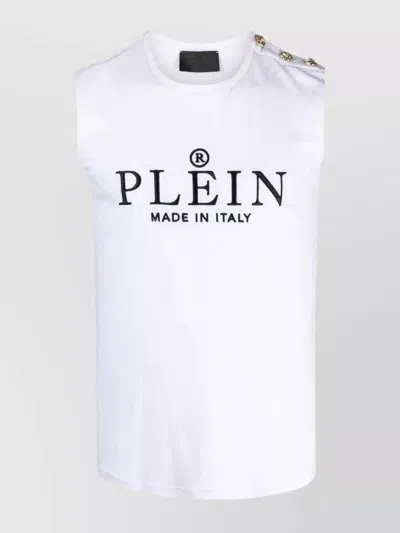 Philipp Plein Shoulder Button Crew Neck Sleeveless Top In White