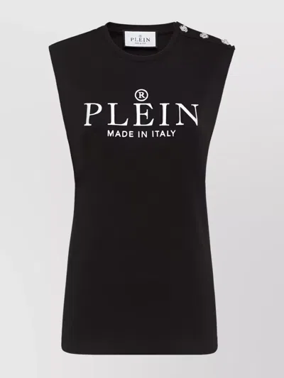 Philipp Plein Shoulder Button Sleeveless Crew Neck Top In Black