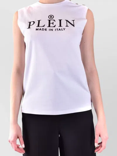 Philipp Plein Shoulder Button Crew Neck Sleeveless Top In White