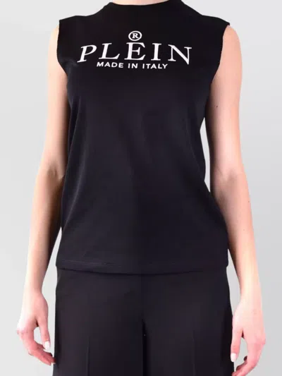 Philipp Plein Shoulder Button Sleeveless Crew Neck Top In Black