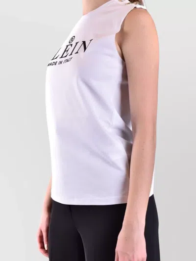 Philipp Plein Shoulder Button Crew Neck Sleeveless Top In White