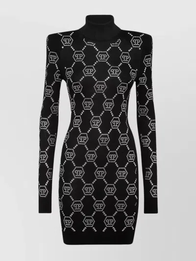 Philipp Plein Turtleneck Long Sleeves Embellished Pattern Dress In Black