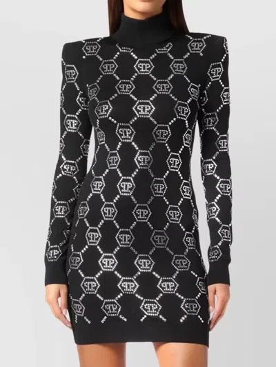 Philipp Plein Turtleneck Long Sleeves Embellished Pattern Dress In Black