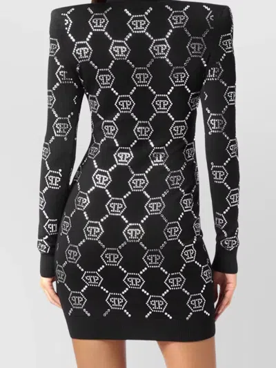 Philipp Plein Turtleneck Long Sleeves Embellished Pattern Dress In Black