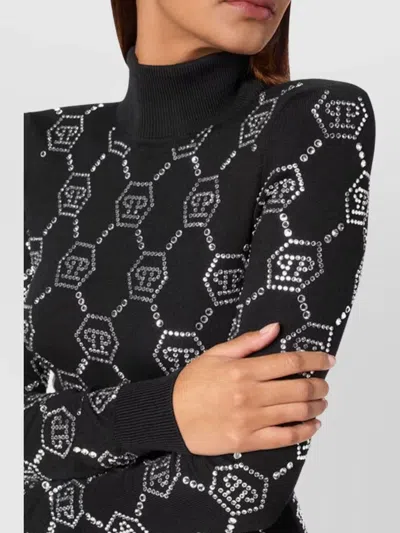 Philipp Plein Turtleneck Long Sleeves Embellished Pattern Dress In Black