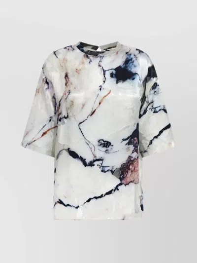 Roberto Cavalli Sheer Abstract Print Keyhole Back Tops In Green