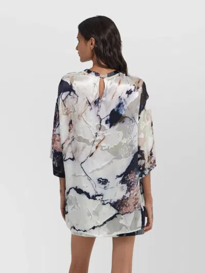 Roberto Cavalli Sheer Abstract Print Keyhole Back Tops In Green