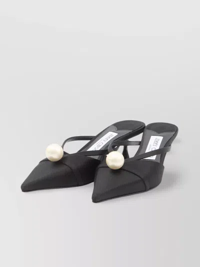 Jimmy Choo Pointed Toe Kitten Heel Sandals With Pearl Embellishment In Black
