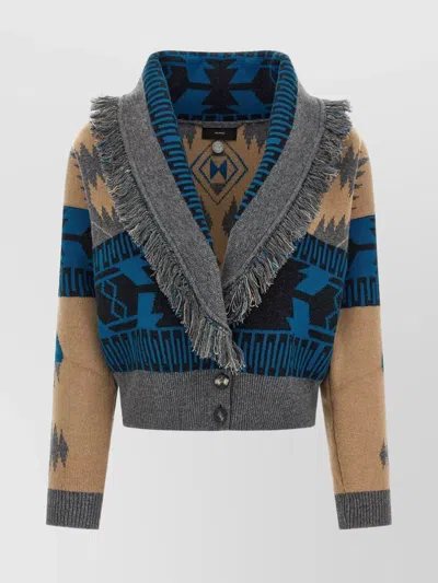 Alanui Geometric Jacquard Belted Fringe Cardigan In Blue