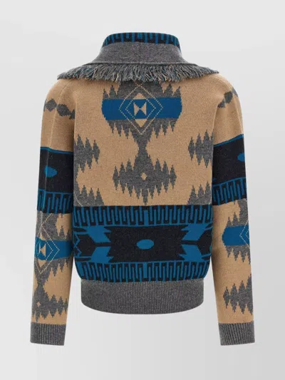 Alanui Geometric Jacquard Belted Fringe Cardigan In Blue