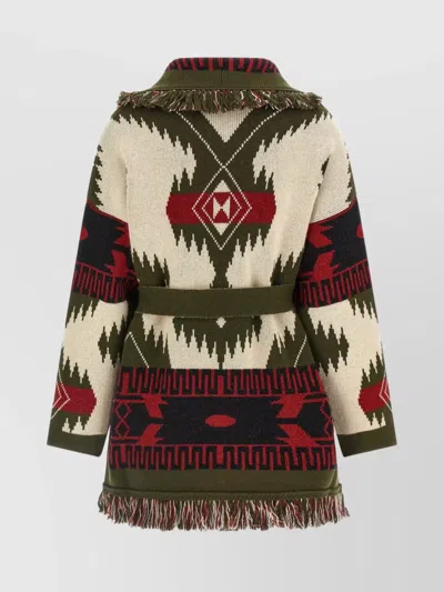 Alanui Waist Belt Fringe Geometric Pattern Long Sleeves Cardigan In Multi