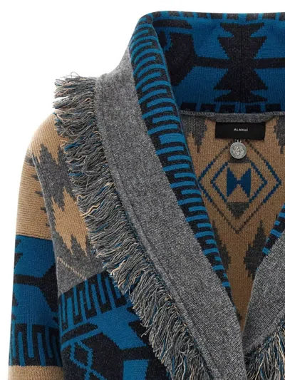 Alanui Geometric Jacquard Belted Fringe Cardigan In Blue