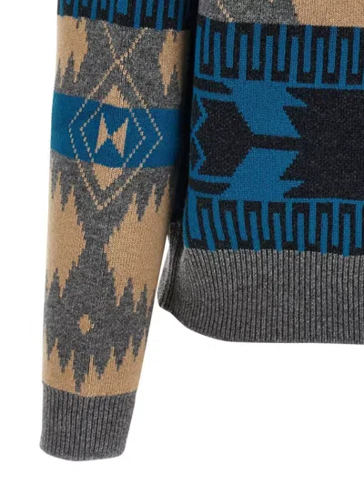 Alanui Geometric Jacquard Belted Fringe Cardigan In Blue