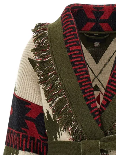 Alanui Waist Belt Fringe Geometric Pattern Long Sleeves Cardigan In Multi