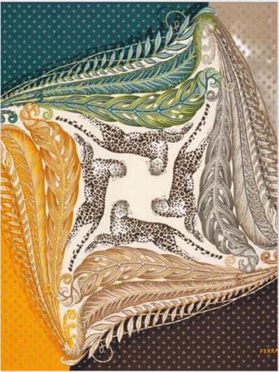 Ferragamo Patterned Print Silk Foulard Square Shape In Green