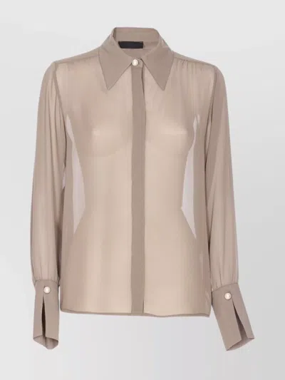 Liu •jo Sheer Fabric Pointed Collar Long Sleeves Top In Neutral