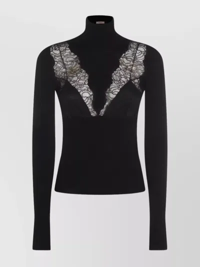 Blumarine Turtleneck Knit With Ribbed Texture And Lace Inserts In Black