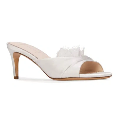 Black Suede Studio Lacey Ruched Satin Mule Heels In White