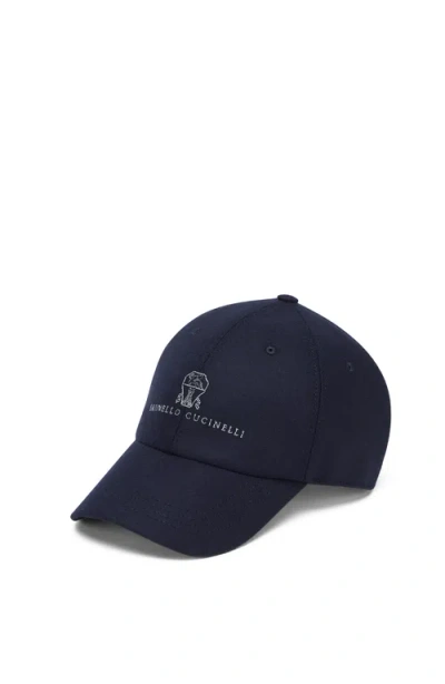 Brunello Cucinelli Men Baseball Cap In Garment-dyed Twisted Cotton Gabardine With Embroidered Logo In Blue