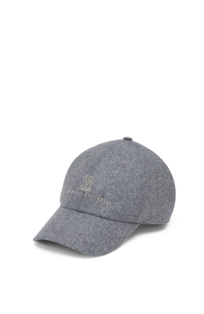 Brunello Cucinelli Virgin Wool Embroidered Baseball Cap In Gray