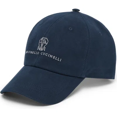 Brunello Cucinelli Men Baseball Cap In Garment-dyed Twisted Cotton Gabardine With Embroidered Logo In Blue