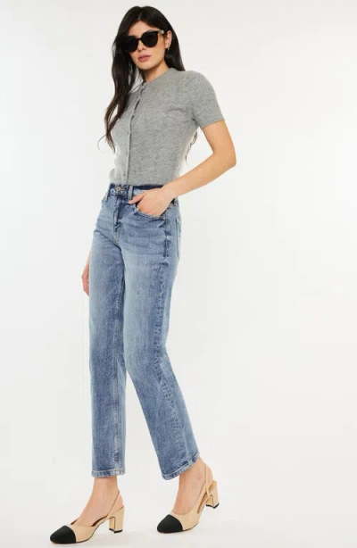 Kancan Finished Hem Straight Leg Jean In Medium Stone Wash In Blue