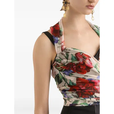 Dolce & Gabbana Flower Print Marquisette And Chiffon Bustier Top In Red