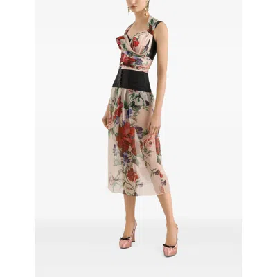 Dolce & Gabbana Flower Print Marquisette And Chiffon Bustier Top In Red