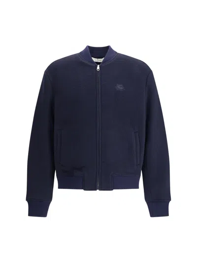 Etro Navy Blue Bomber Jacket With Embroidered Logo And Zip Fastening In Black