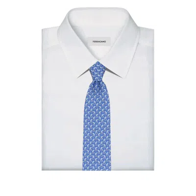 Ferragamo Feline Print Silk Tie In Blue