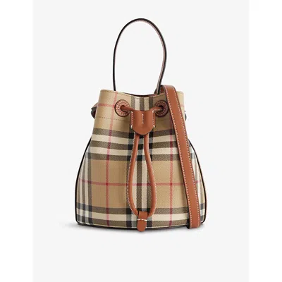 Burberry Drawstring Bucket Bag With Signature Plaid Pattern In Brown