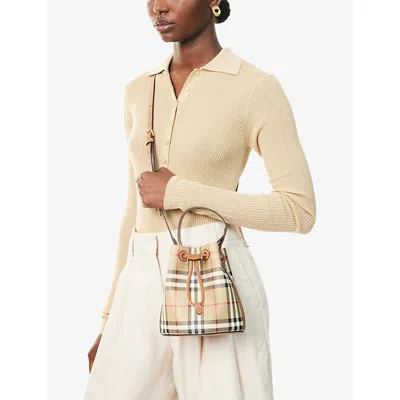 Burberry Drawstring Bucket Bag With Signature Plaid Pattern In Brown