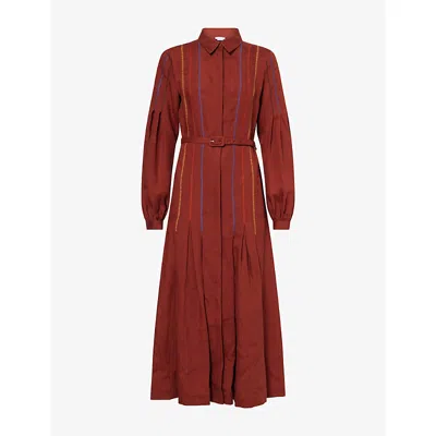 Gabriela Hearst Aleka Pleated Midi Shirtdress In Burnt Sienna Multi Aloe Linen In Brown