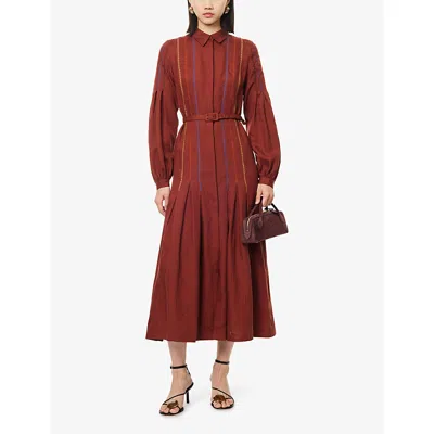 Gabriela Hearst Aleka Pleated Midi Shirtdress In Burnt Sienna Multi Aloe Linen In Brown