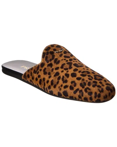 Prada Leather Leopard Logo Mules In Brown