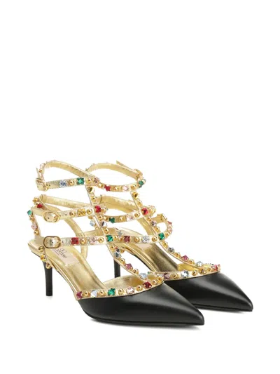 Valentino Garavani Rockstud 100 Embellished Metallic Leather Pumps In Black