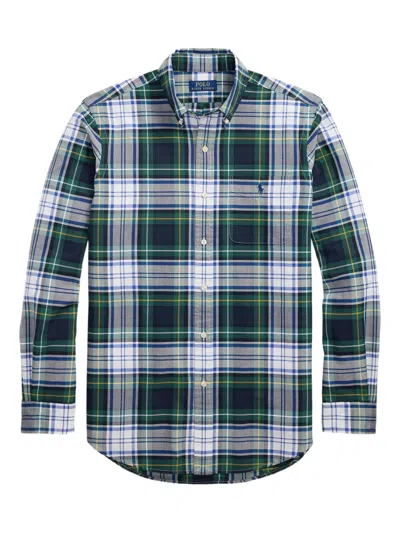 Polo Ralph Lauren Mens White/gree Checked Logo-embroidered Cotton Shirt In Green