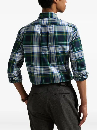 Polo Ralph Lauren Mens White/gree Checked Logo-embroidered Cotton Shirt In Green