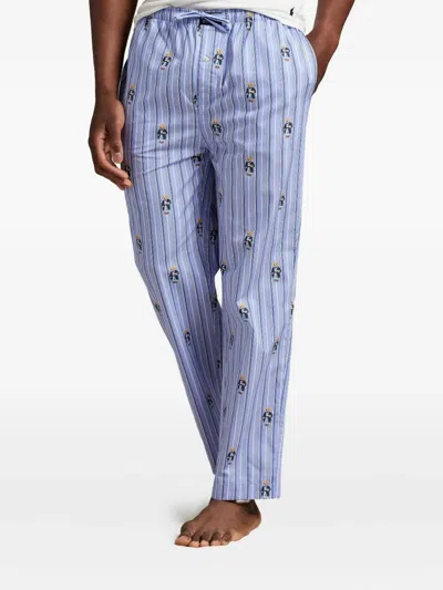 Polo Ralph Lauren Mens Blue Multi Stripe Aob Striped Bear-embroidered Cotton Pyjama Bottoms Xxl In Blue