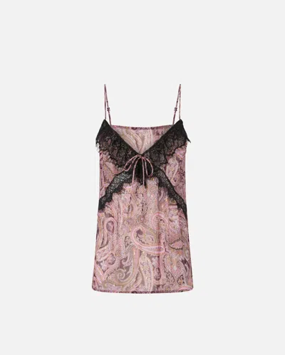 Pinko Lace And Metalized Detail V Neck Top In Pink