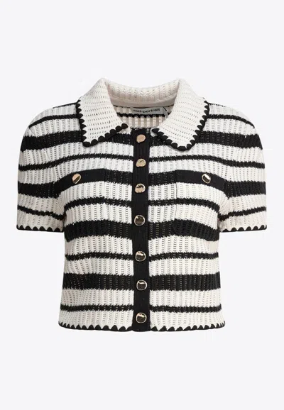 Self-portrait Black And White Striped Crochet Top In Beige
